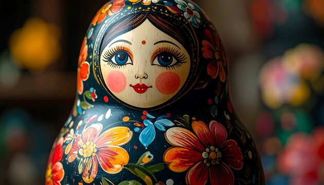 Close-up of a colorful, decorated wooden nesting doll