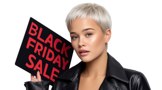 Stylish Woman Holding Black Friday Sale Sign on transparent background  - Powered by Adobe
