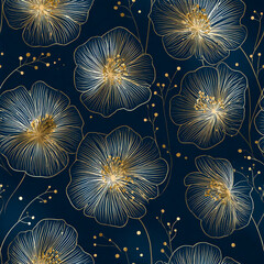 Elegant Gold Line-Art Floral Seamless Pattern on Navy Background