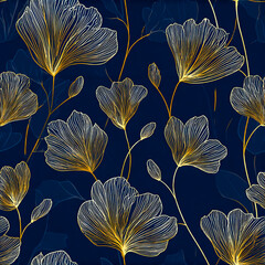 Elegant Gold Line-Art Floral Seamless Pattern on Navy Background
