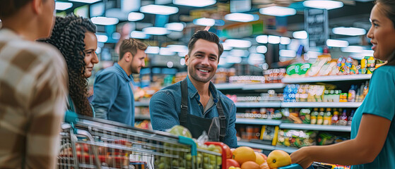 Friendly interaction between a supermarket staff member and customers during shopping, surrounded by fresh produce and packed groceries.