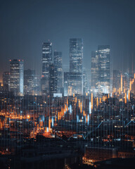 Obraz premium A city skyline at night with a lot of lights and buildings