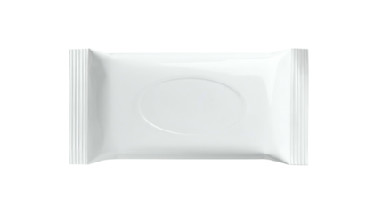 A flat, sealed, white rectangular package with a central oval depression, set on black background