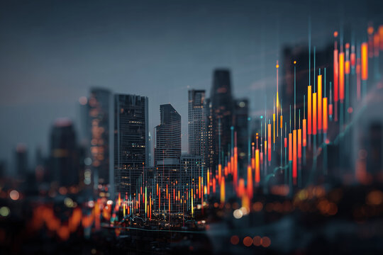 A city skyline with a lot of buildings and a lot of lines