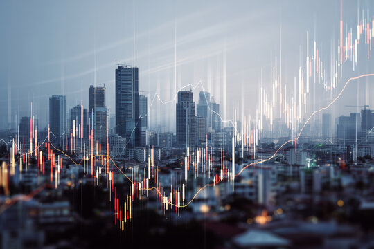 A city skyline with a lot of buildings and a lot of lines