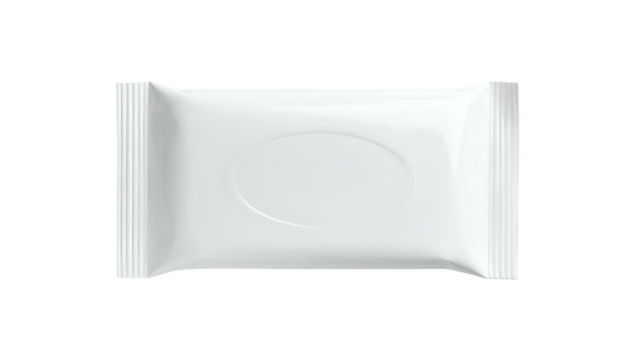 A flat, sealed, white rectangular package with a central oval depression, set on black background