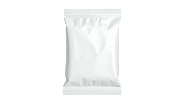 A vertically oriented, white, sealed pouch against a stark black background, slightly wrinkled