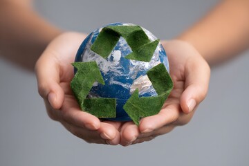 Hands hold small planet earth with green recycle symbol for environmental care.