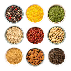 Selection of Superfoods and Cereals in Bowls: Quinoa, Chia, Goji Berry, Mung Bean, Buckwheat, Beans, Turmeric, Polba, Bulgur, Lentils, Sesame, Flax Seeds, Wild Rice, Almonds, Isolated on White Backgro