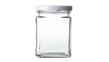 A clear, rectangular glass jar with a white lid, isolated on a black background