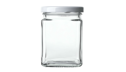 A clear, rectangular glass jar with a white lid, isolated on a black background
