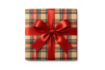 Gift box with red plaid pattern and ribbon bow