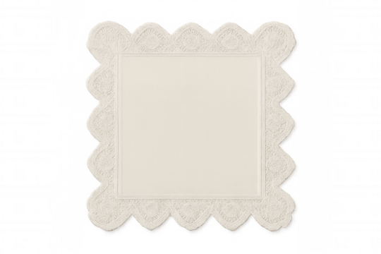 Lace placemat with scalloped edges, vintage embroidery design, beige cloth texture, antique textile decor