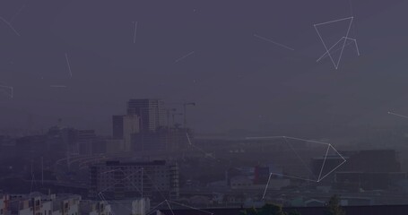 Showcasing panoramic city skyline at dusk, with curved highway ramp and glowing network overlay