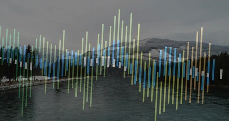 Flowing river reflecting gray sky at mountain bank with snowdusted conifers and data bars overlay