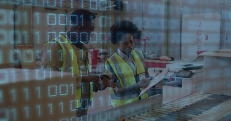 Workers in vests scanning boxes on conveyor belt, checking clipboard in warehouse, binary overlay