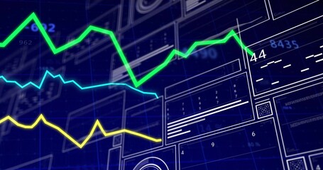 Showing green, cyan, yellow line graphs rising and falling on data dashboard with numeric labels