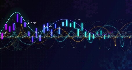 Data dashboard showing neon waves and candlestick bars in dark UI, with data labels, honeycomb grid