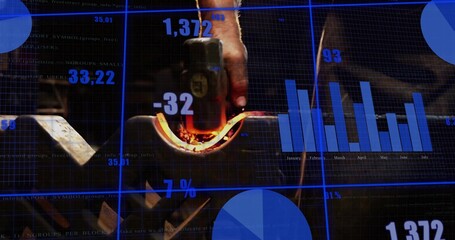 Holding glowing curved metal with tongs in gloved hand at workshop, with digital interface overlays