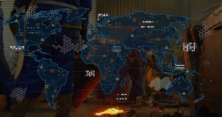 Displaying digital world map overlay with hazard data markers over molten metal on workshop floor