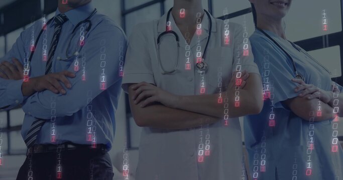 Standing medical staff with striped tie, stethoscopes in hospital corridor, binary code overlay