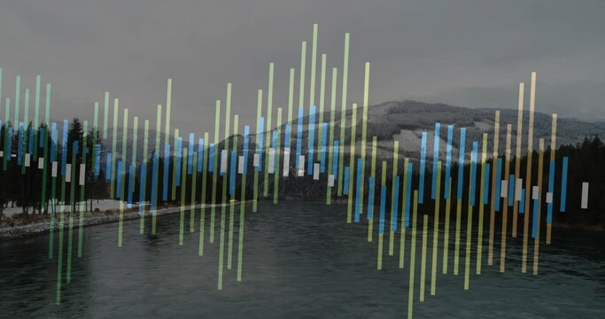 Fototapeta Flowing river reflecting gray sky at mountain bank with snowdusted conifers and data bars overlay