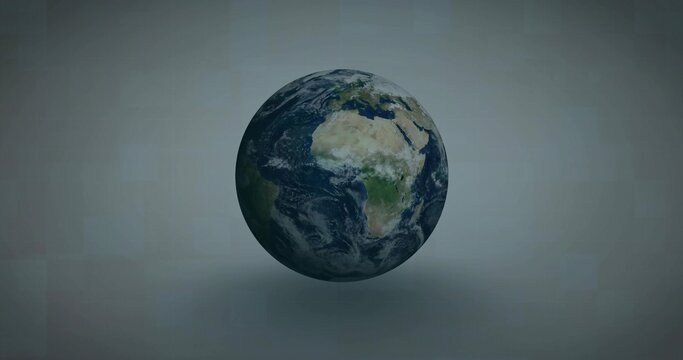 Naklejki Floating detailed 3D Earth globe showing continents and clouds against gray gradient backdrop