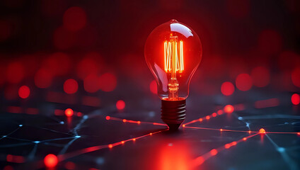 A glowing light bulb, red digital network pattern background - idea, innovation, inspiration, energy, creativity, connection, startup, future technology, data insight, science concept