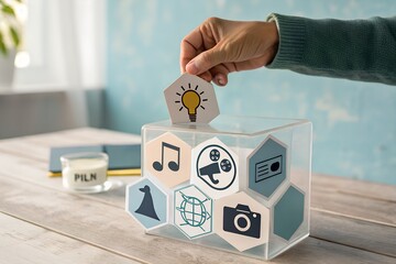Hand placing a lightbulb idea block into a honeycomb organizer