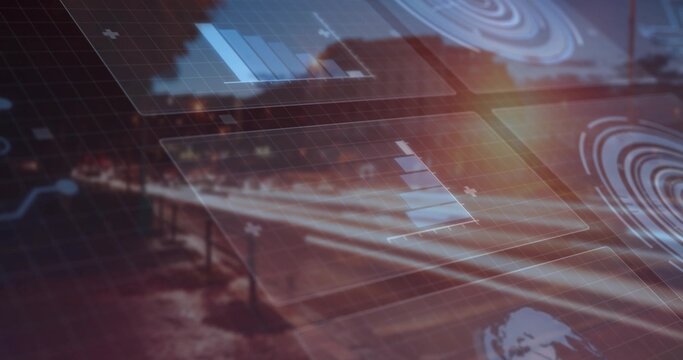 Displaying data panels floating on night city street, showing bar charts, grid lines, light trails