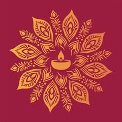 Elegant Diya mandala design with golden floral patterns on maroon background. Perfect for Diwali, Indian festivals, invitations, greeting cards, and cultural decorations. Vector illustration.