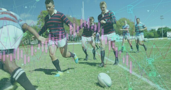 Sprinting rugby players in striped and plain jerseys chasing ball on pitch with candlestick overlay