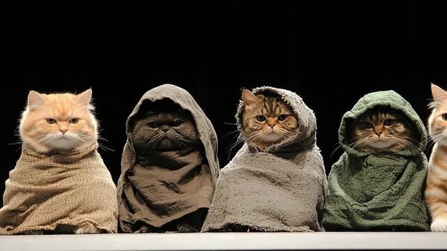 Cats dressed in funny cloaks for a quirky performance