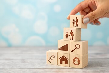 Hand stacking wooden blocks representing family growth and home ownership