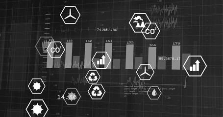 Presenting dashboard displaying environmental metrics on grid, with bar chart and hexagonal icons