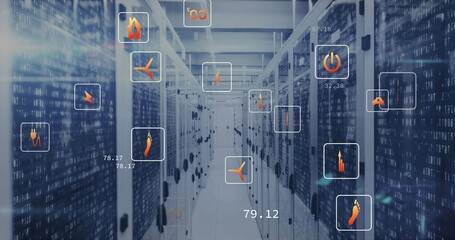 Streaming binary code across long server racks corridor inside data center, displaying energy icons