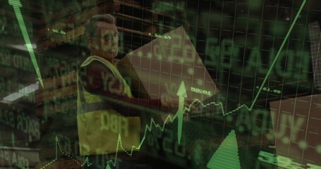Carrying cardboard box, warehouse worker in yellow vest among metal racks, with green chart overlay