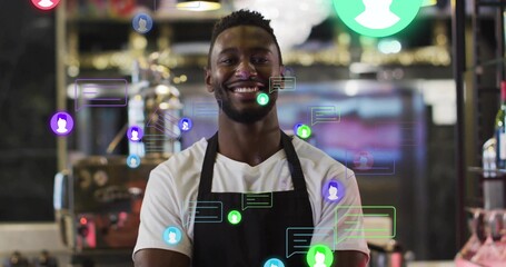 Standing barista wearing t-shirt, black apron behind counter in cafe, with chat bubbles, user icons