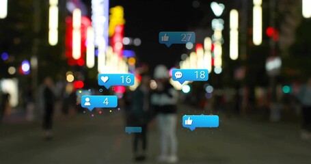 Walking pedestrians in jackets moving through neon street, with floating reaction icons