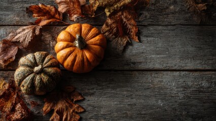 Harvesting fall colors pumpkins leaves rustic wooden table nature still life cozy atmosphere close-up seasonal beauty