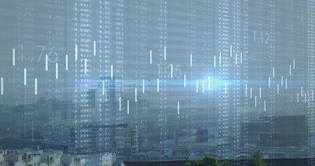 Overlaying financial data across urban skyline at elevated vantage point, with candlestick bars