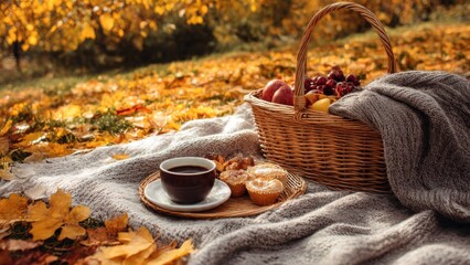 Autumn picnic gathering serene park food drink setup cozy atmosphere ground level nature appreciation