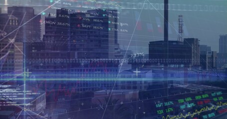 Displaying office tower cluster overlaying downtown skyline, with floating financial data graphics