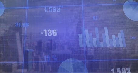 Displaying digital analytics overlaying city skyline, with bar chart January-July and pie segments