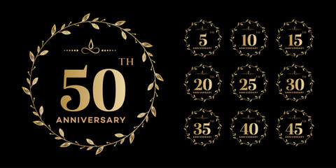 Gold Anniversary Badges 5, 10, 15, 20, 25, 30, 35, 40, 45, 50  Elegant Design Set