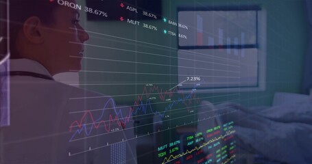 Man in white shirt black tie studying digital stock data overlay by bed, copy space