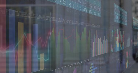 Showing bar, line and pie charts on glass panel in trading office, with scrolling ticker values