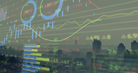 Overlaying financial data over smoggy city skyline, featuring graphs, candlestick bars and tickers