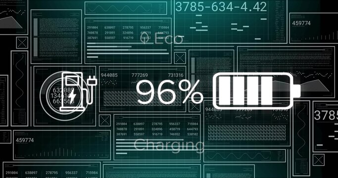 Displaying battery icon showing 96% in digital dashboard, with plug icon and data panels