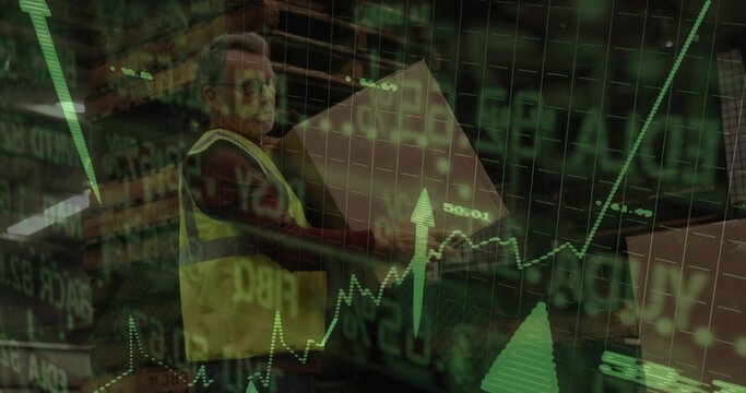 Carrying cardboard box, warehouse worker in yellow vest among metal racks, with green chart overlay